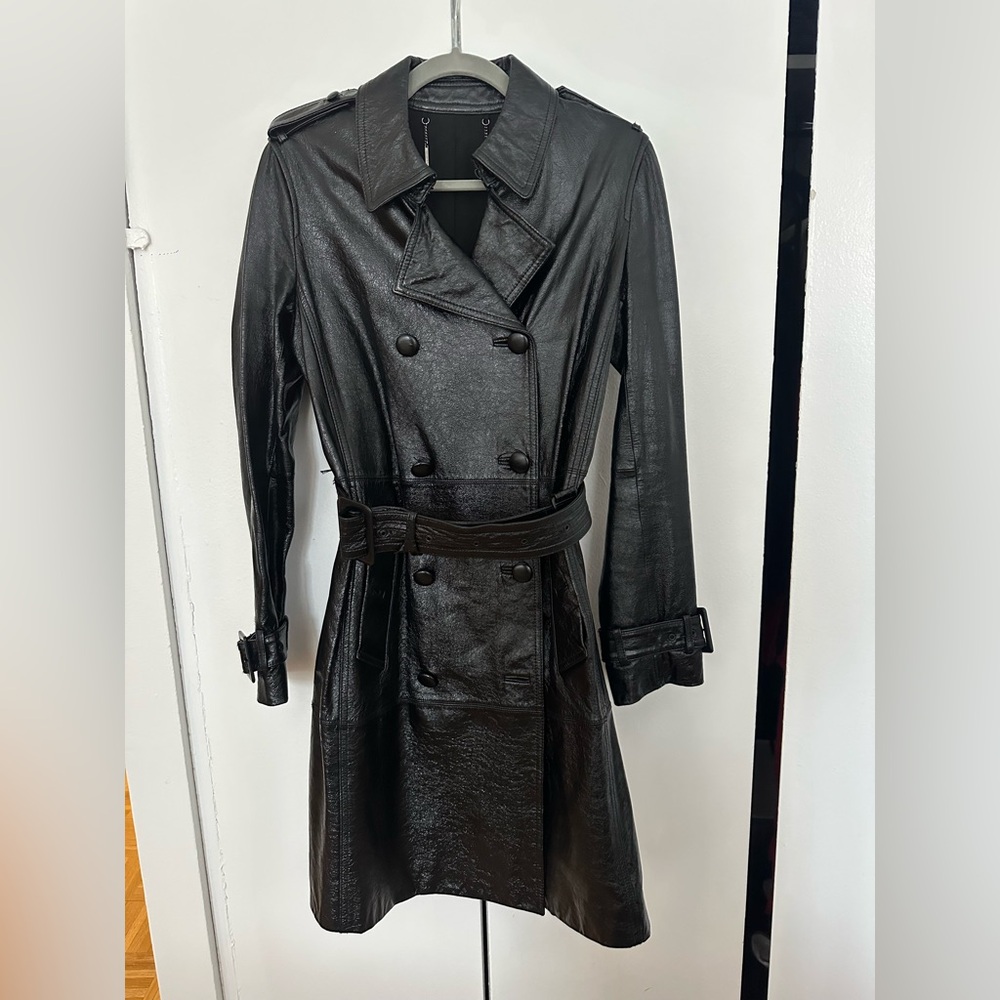 Elie Tahari Black Patent Leather Vinyl Trench Coat Small